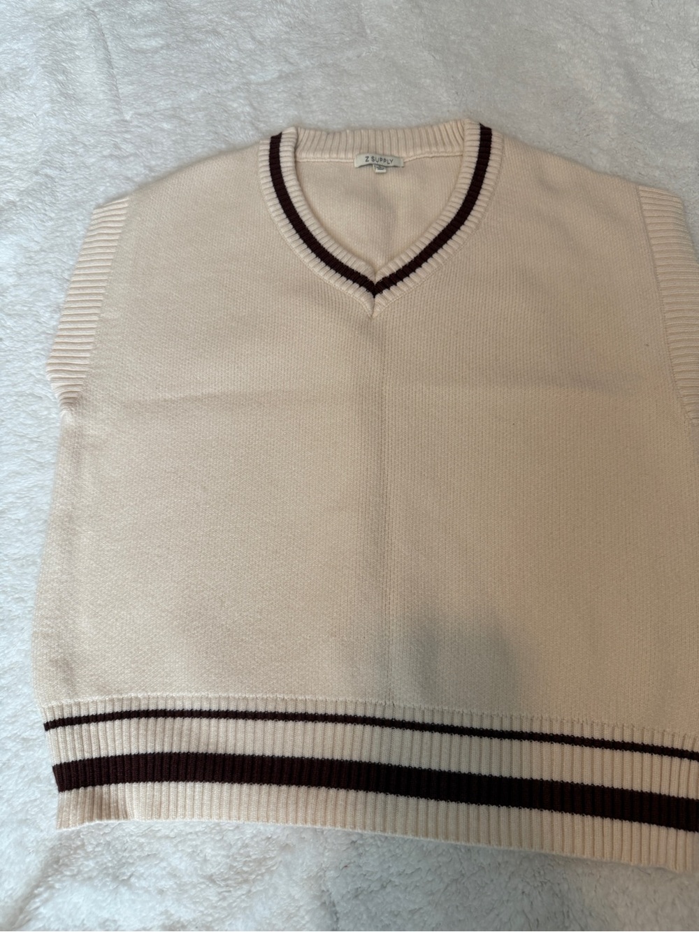 Z Supply Cream V-Neck Sweater Vest with Brown/Rust Stripe Trim